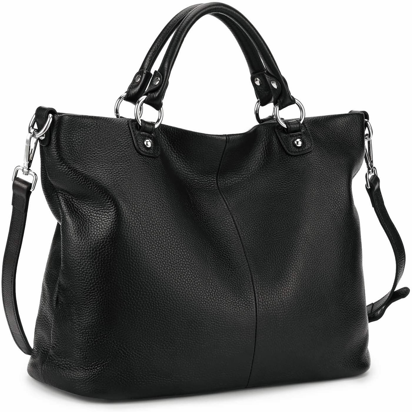 Pebbled Cowhide Leather Travel Handbag with Rear Zipper Pocket