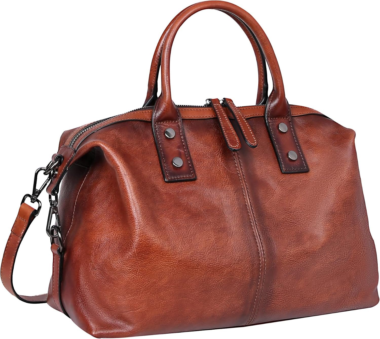 Vegetable Tanned Leather Travel Handbag with Shoulder Strap